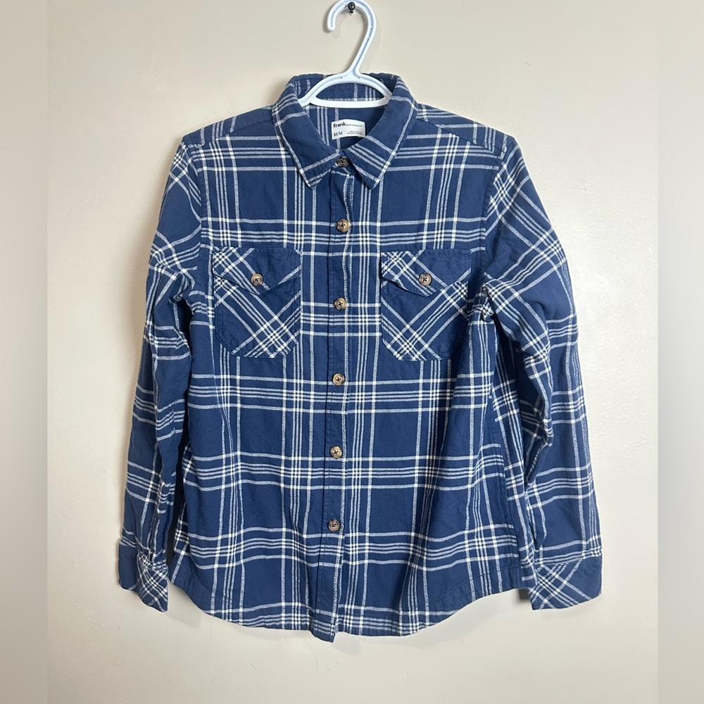 Frank & Oak Blue Plaid Button-Up Shirt Size M Organic Cotton Flannel Style - Picture 2 of 7